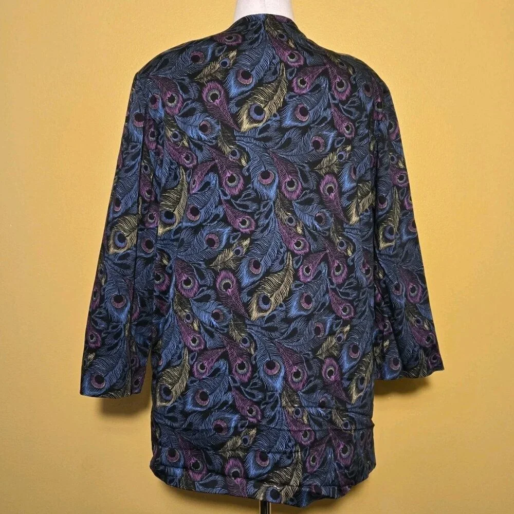 Vintage Y2K Peacock Feather Shoulder Pads Blazer Large Pink Yellow Blue Custom‎